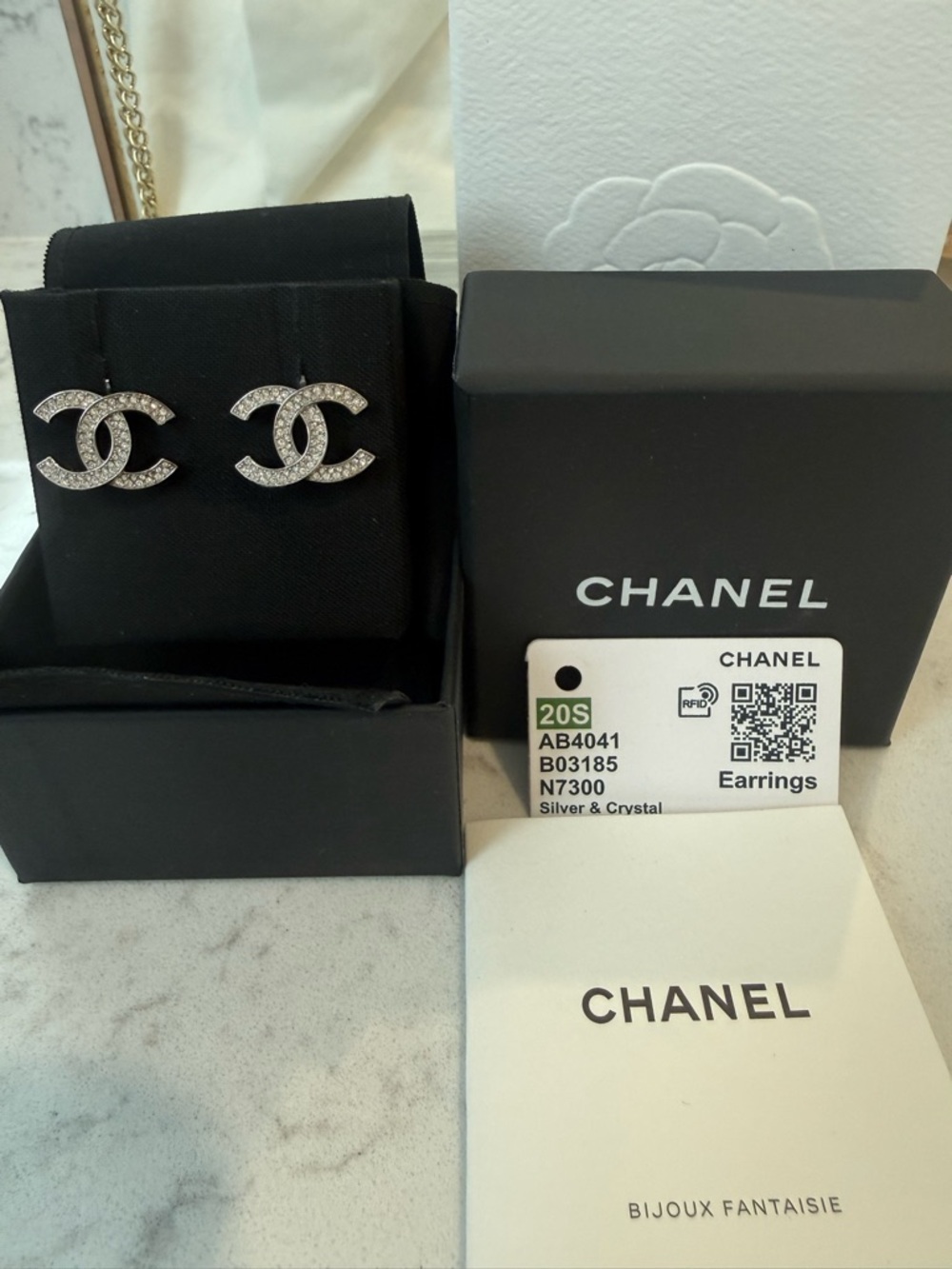 CHANEL Silver Crystal CC Logo Stud Earrings - Sparkling Iconic Design